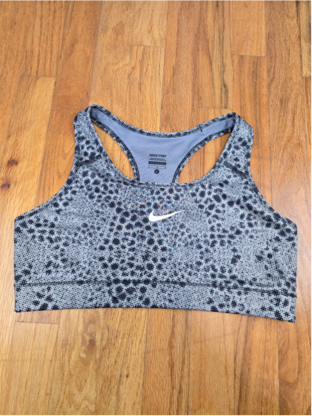 Women's Nike Pro Sports Bra Size L Grey Black Animal Print
